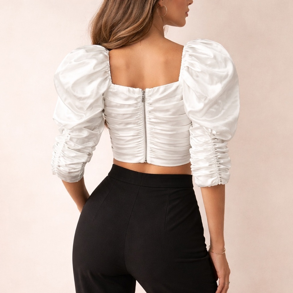 Alice + Olivia White Silk Puff Sleeve Crop Blouse Statement Top Size 4